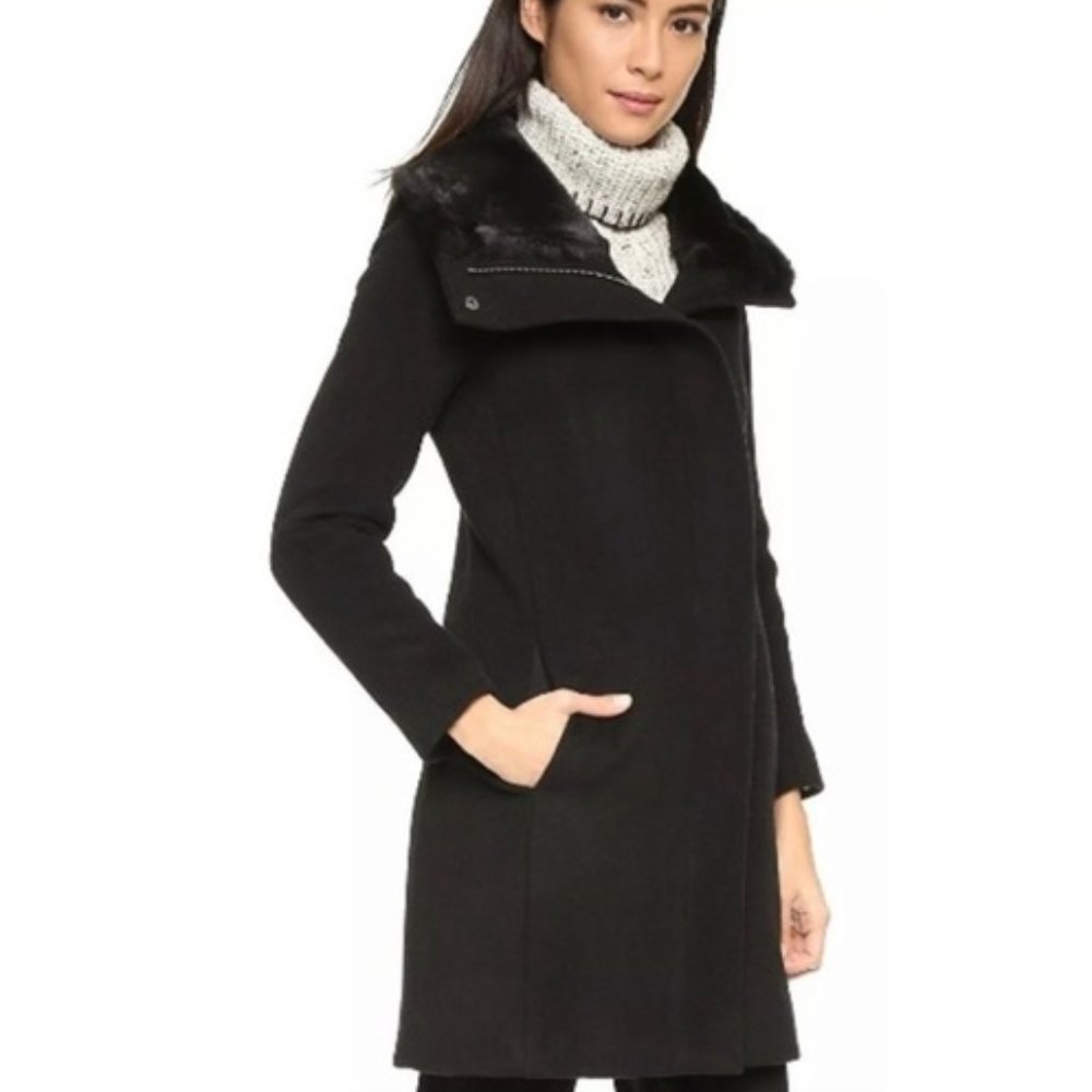 Club Monaco long black wool Rocio coat / jacket, funnel neck, faux fur collar